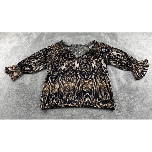 Worthington Tops - Worthington Woman Stretch Snakeskin Print Ruffle Tie Neck Blouse Plus 1X Brown